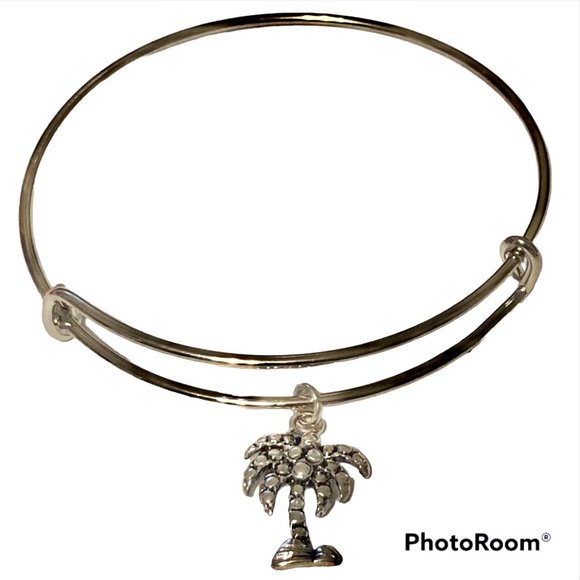 Coconut Palm Tree Charm Bracelet Beach Island Adjustable Silver Plated Wire - Picture 1 of 9